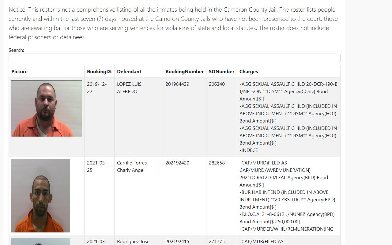 Cameron County inmate population roster search table