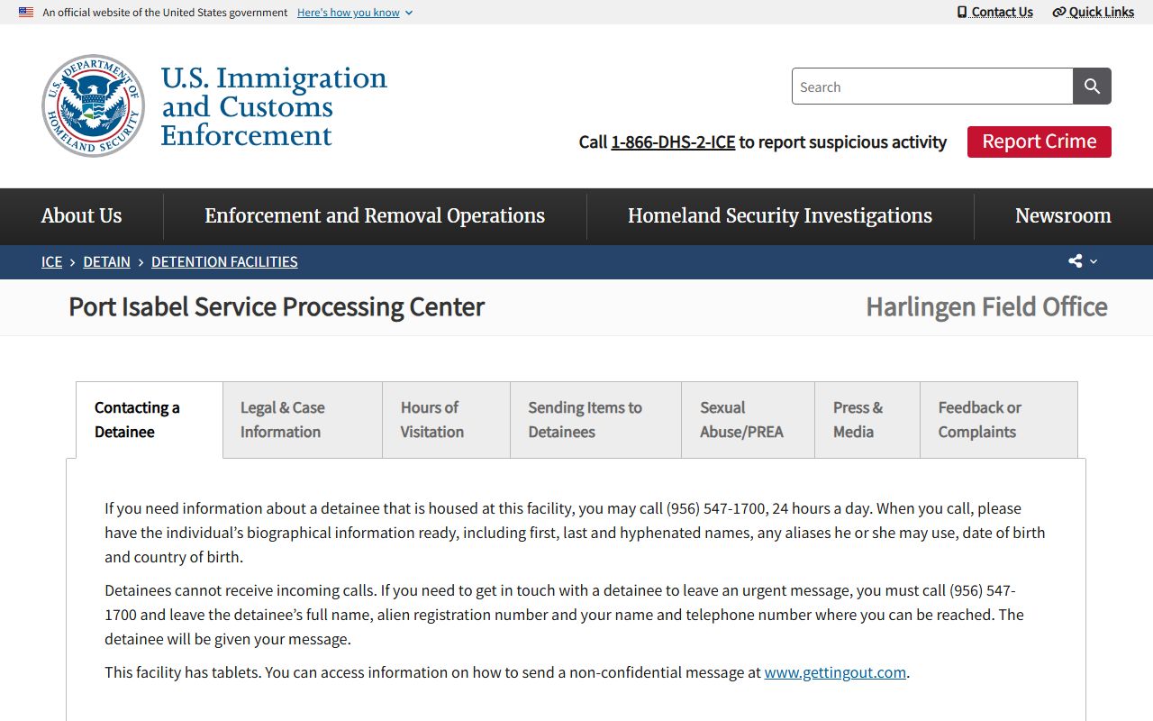 Port Isabel Service Processing Center ICE detainee locator and Cameron County custody information