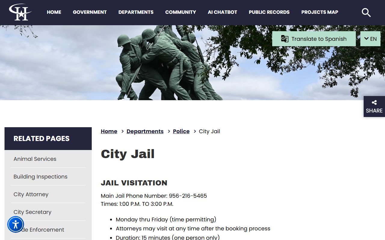 Harlingen City Jail Cameron County municipal jail lookup and visitation rules